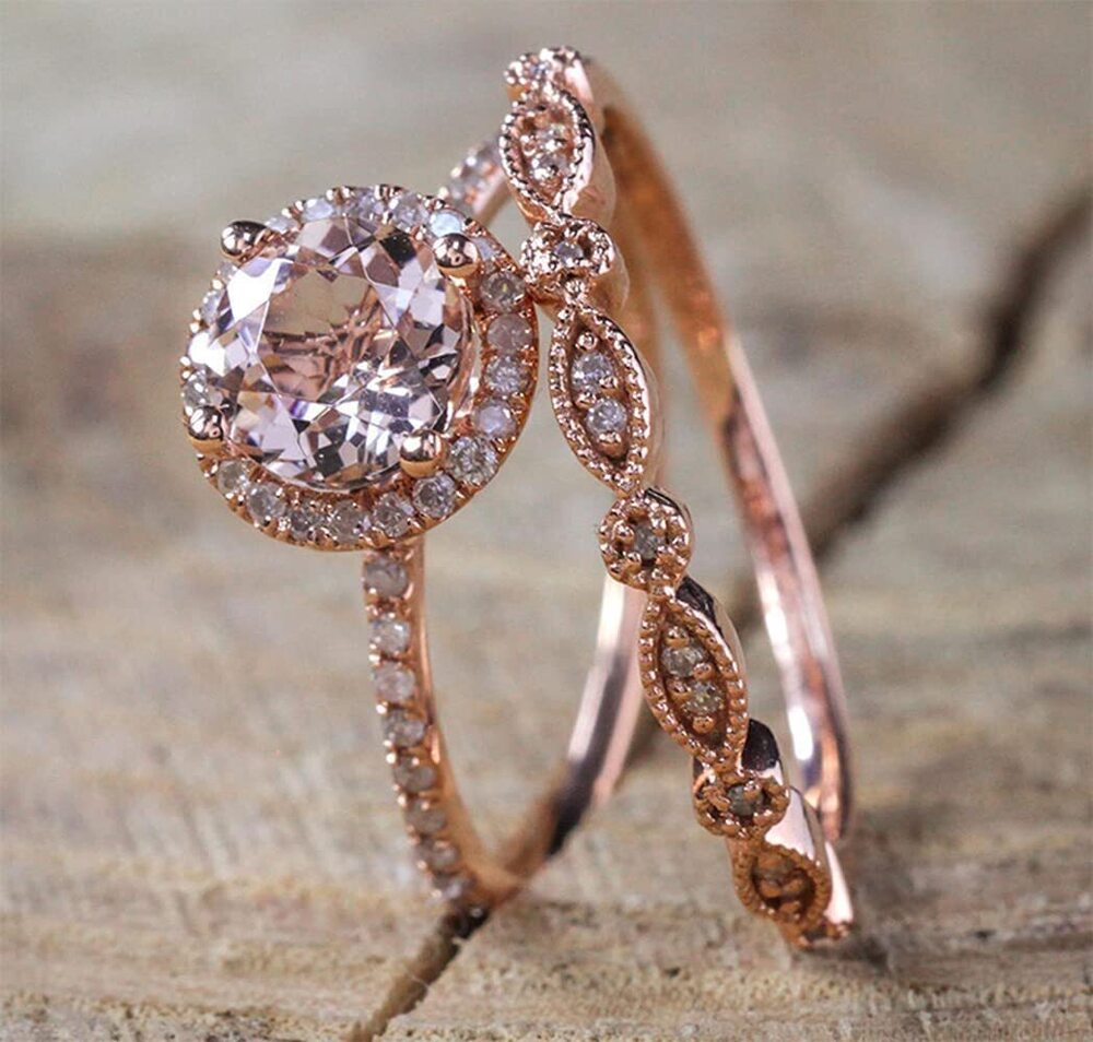 4789 18K Rose Gold Ring Set Pink Elegant Morganite CZ Crystal Gemstone